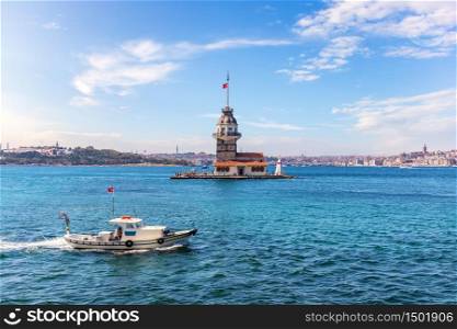 Maiden&rsquo;s Tower and the ship in the Bosporus, Istanbul, Turkey.