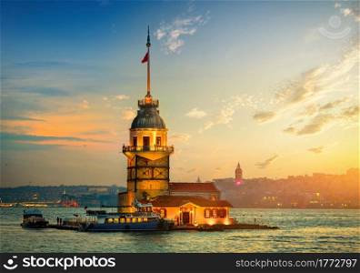 Maiden&rsquo;s Tower in Istanbul at sunset, Turkey. Sunset at Turkey