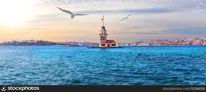 Maiden&rsquo;s Tower in the beautiful panorama of Istanbul, Turkey.