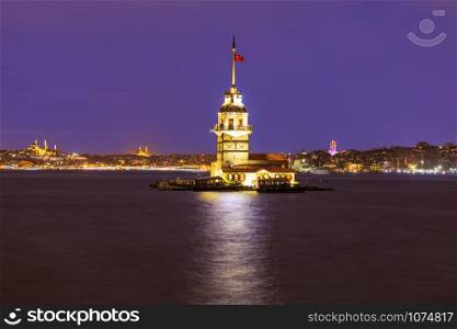 Maiden&rsquo;s Tower of Istanbul in evening lights, Tirkey.. Maiden&rsquo;s Tower of Istanbul in evening lights, Tirkey