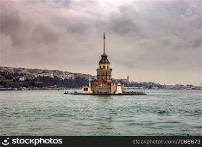 Maiden Tower , Tower of Leandros, Kiz Kulesi, tranquil scenery at the entrance to Bosporus Strait in Istanbul, Turkey