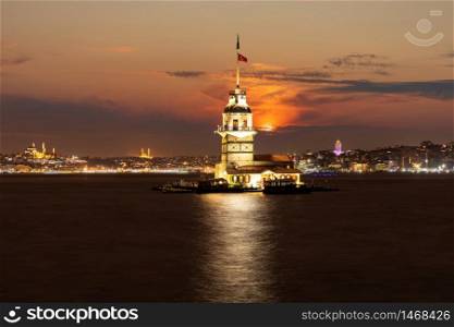 Maidens Tower of Istanbul, famous landmark of Turkey, evening view.