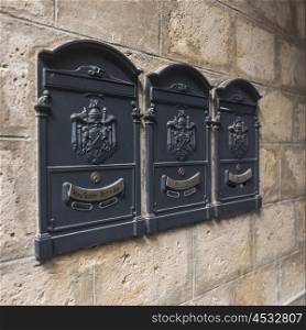 Mail boxes mounted on wall, Orvieto, Terni Province, Umbria, Italy