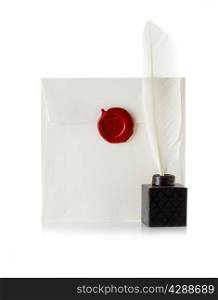 mail envelope or letter sealed with wax seal stamp and quill pen isolated on white