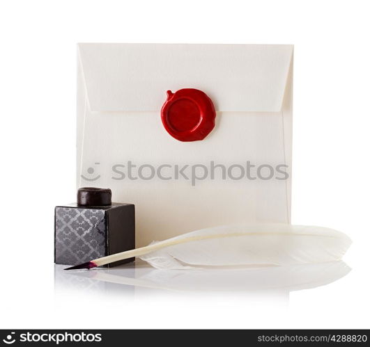 mail envelope or letter sealed with wax seal stamp and quill pen isolated on white