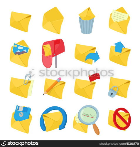 Mail icons set in cartoon style on a white background. Mail icons set, cartoon style