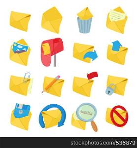 Mail icons set in cartoon style on a white background. Mail icons set, cartoon style