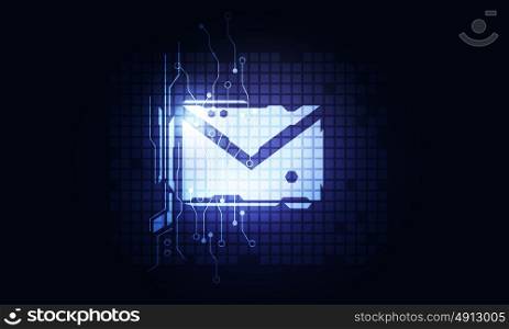 Mail interface application. Glowing email evelope sign on dark technology background