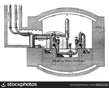 Mailliet pump Bruay mines, Cross section at the back of the machine showing the massive masonry, vintage engraved illustration. Industrial encyclopedia E.-O. Lami - 1875.