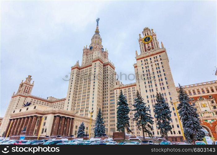 Main building of the Lomonosov Moscow State University. MGU. The Sparrow Hills, Moscow, Russia.