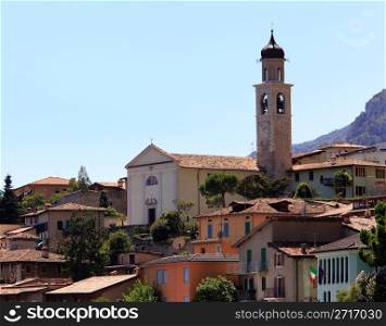Main church above the rooftops of Limone on Lake Garda Italy