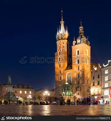 Main Market Square in the evning in Krakow, Poland