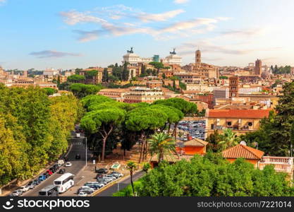 Main sights of Rome, view from the Janiculan Hill, Italy.