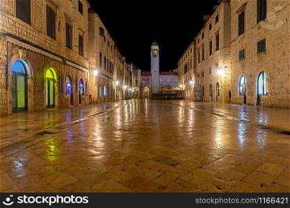 Main street of the old town of Stradun in night illumination. Dubrovnik. Croatia.. Dubrovnik. Stradun Street at night.