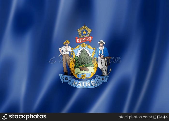Maine flag, united states waving banner collection. 3D illustration. Maine flag, USA