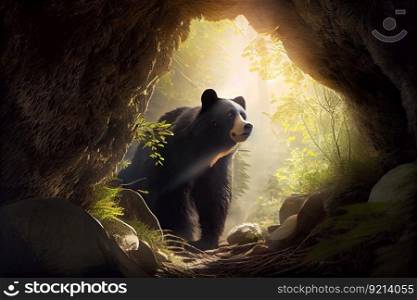 majestic black bear emerging from its den, with morning light shining through the trees, created with generative ai. majestic black bear emerging from its den, with morning light shining through the trees