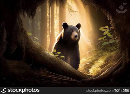 majestic black bear emerging from its den, with morning light shining through the trees, created with generative ai. majestic black bear emerging from its den, with morning light shining through the trees