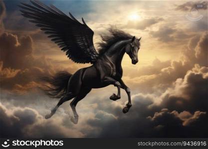 Majestic Black Pegasus horse flying high above the clouds. Generative AI