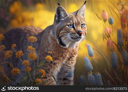 majestic bobcat walking through field of wildflowers, created with generative ai. majestic bobcat walking through field of wildflowers