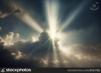 Majestic cloudscape with bright sun rays. Gorgeous clouds backdrop. Generative AI.. Majestic cloudscape with bright sun rays. Gorgeous clouds backdrop. Generative AI