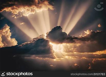 Majestic cloudscape with bright sun rays. Sun set with gorgeous clouds backdrop. Generative AI.. Majestic cloudscape with bright sun rays. Sun set with gorgeous clouds backdrop. Generative AI