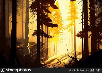 majestic forest, with the sun shining through the trees, creating a golden haze, created with generative ai. majestic forest, with the sun shining through the trees, creating a golden haze