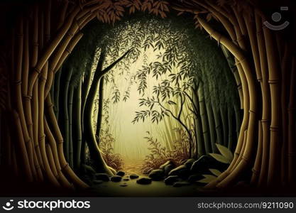 majestic hollow tree with drooping bamboo shoots in a bamboo forest, created with generative ai. majestic hollow tree with drooping bamboo shoots in a bamboo forest