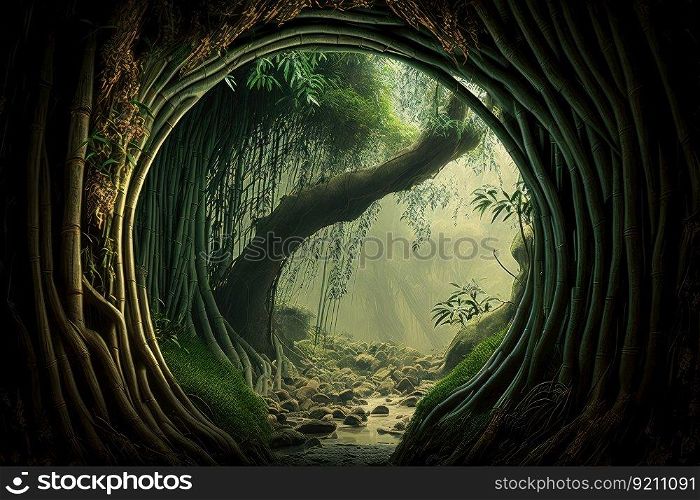 majestic hollow tree with drooping bamboo shoots in a bamboo forest, created with generative ai. majestic hollow tree with drooping bamboo shoots in a bamboo forest