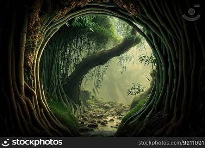 majestic hollow tree with drooping bamboo shoots in a bamboo forest, created with generative ai. majestic hollow tree with drooping bamboo shoots in a bamboo forest