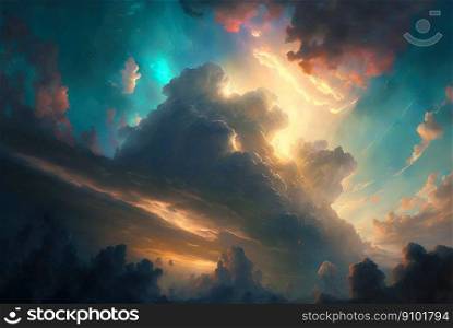 Majestic illustrative cloudscape with bright sun rays. Gorgeous religious clouds backdrop. Generative AI.. Majestic illustrative cloudscape with bright sun rays. Gorgeous religious clouds backdrop. Generative AI