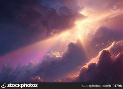 Majestic illustrative cloudscape with bright sun rays. Gorgeous religious clouds backdrop. Generative AI.. Majestic illustrative cloudscape with bright sun rays. Gorgeous religious clouds backdrop. Generative AI