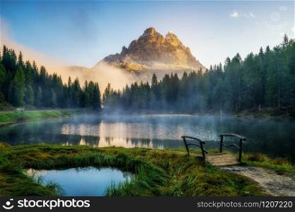 Majestic landscape of Antorno lake with famous Dolomites mountain peak of Tre Cime di Lavaredo in background in Eastern Dolomites, Italy Europe. Beautiful nature scenery and scenic travel destination.