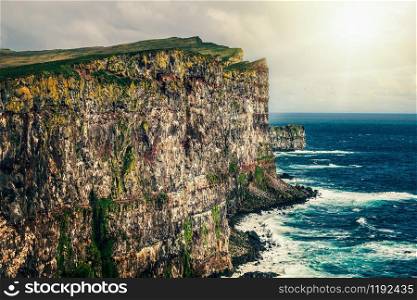Majestic Latrabjarg cliffs in West Fjords, Iceland. Famous for puffin bird watching which attracts tourist to visit Iceland.