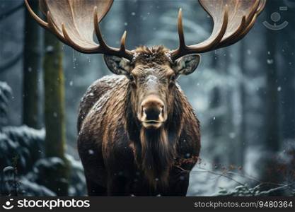 Majestic moose in the snow in the forest. Generative AI
