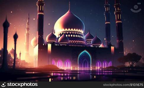 Majestic mosque at night with glowing≠on lights. Eastern arχtecture concept. Ramadan Kareem. Ge≠rative AI.. Majestic mosque at night with glowing≠on lights. Eastern arχtecture concept. Ramadan Kareem. Ge≠rative AI
