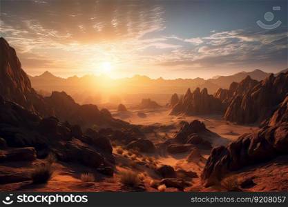 majestic mountain range in the desert, with sunrise and sunset skies, created with generative ai. majestic mountain range in the desert, with sunrise and sunset skies