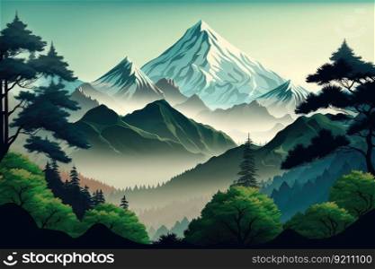 majestic mountain range with backdrop of bamboo forest trees, created with generative ai. majestic mountain range with backdrop of bamboo forest trees