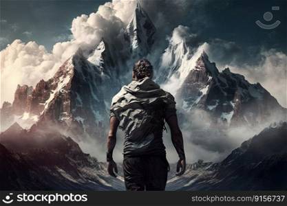 majestic mountain range, with clouds and sky in the background, against the man’s back, created with generative ai
