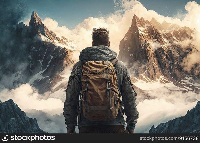 majestic mountain range, with clouds and sky in the background, against the man&rsquo;s back, created with generative ai