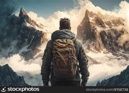 majestic mountain range, with clouds and sky in the background, against the man&rsquo;s back, created with generative ai