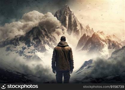 majestic mountain range, with clouds and sky in the background, against the man’s back, created with generative ai