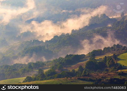 Majestic sunrise in the mountains landscape from Spain. Near village Tregura.