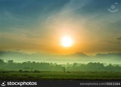 Majestic sunrise in the rural landscape. Luzon island in Philippines.