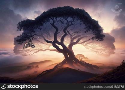majestic tree, surrounded by misty fog, with view of the sunrise, created with generative ai. majestic tree, surrounded by misty fog, with view of the sunrise