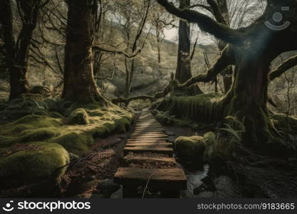 majestic tree with hanging moss in forest with duckboards path, created with generative ai. majestic tree with hanging moss in forest with duckboards path