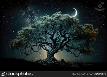 majestic tree with lush foliage and shining star in the night sky, created with generative ai. majestic tree with lush foliage and shining star in the night sky