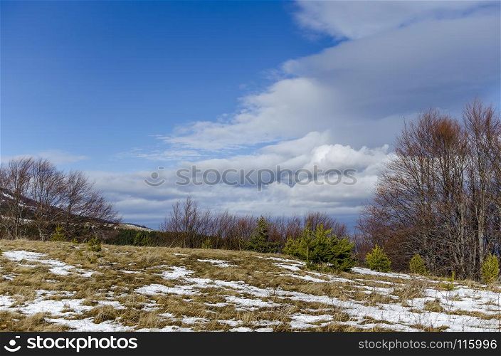 Majestic view of cloudy sky, winter mountain, snowy glade, conifer and deciduous forest from Plana mountain toward Vitosha mountain, Bulgaria, Europe