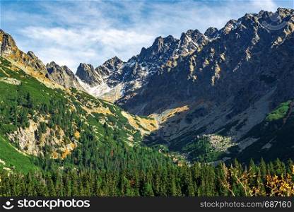 Majestic view of National Park High Tatras Mountains in Popradske Pleso, Slovakia on a sunny autumn day.