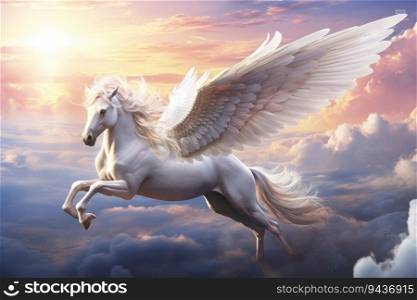 Majestic white horse with wings flying in the sky. Generative AI