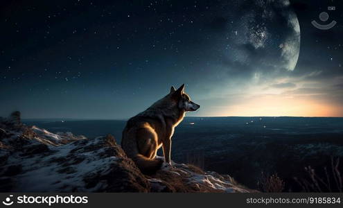 Majestic Wolf Gazing at the Moonlit Sky. Generative AI